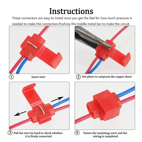 Red insulated solderless quick-splice wire connectors instruction diagram showing four assembly steps for 22-10 AWG wires.