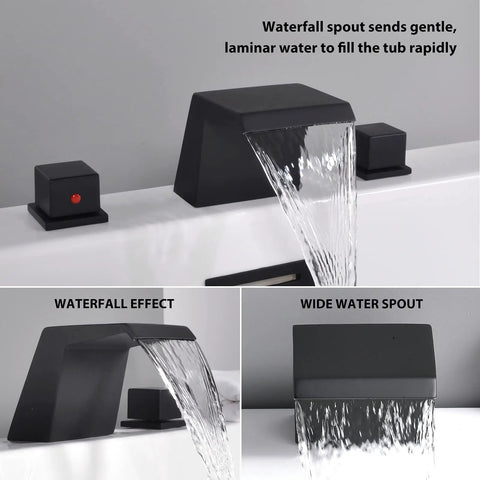 Matte Black Deck Mount Tub Faucet With Waterfall Spout, 3 Hole Roman Tub Filler Set shown in use