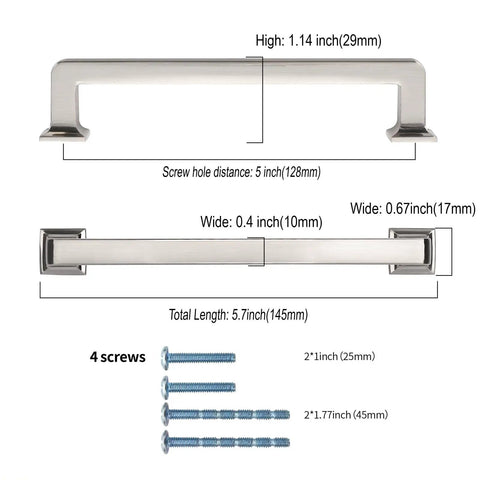 5 Inch Brushed Satin Nickel Cabinet Handles Set Of 20 For Kitchen Cabinets Drawers And Furniture DIY Ready Hardware With Screws Durable Pulls For Dresser Cupboard Wardrobe And Home Renovation showing dimensions and screws included