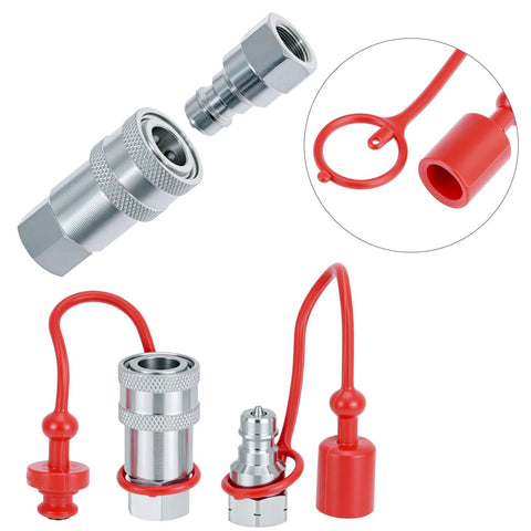 QWORK hydraulic quick-connect couplers set, 2 sets, 1/4 in NPT threads, ISO body, hardened steel with red dust caps