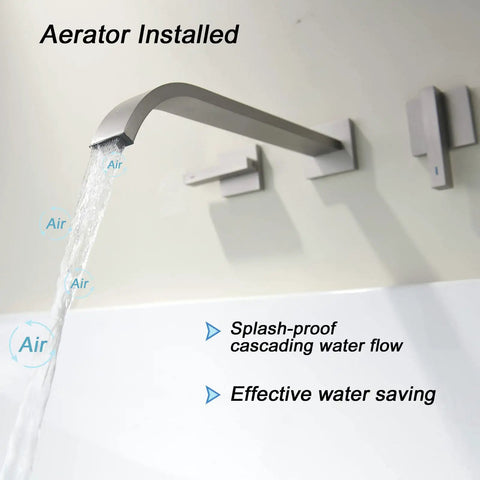 Wall Mount Tub Filler Faucet In Brushed Nickel Finish Brass Two Handle High Flow Bathtub Faucet Set With 10 Inch Spout Reach installed