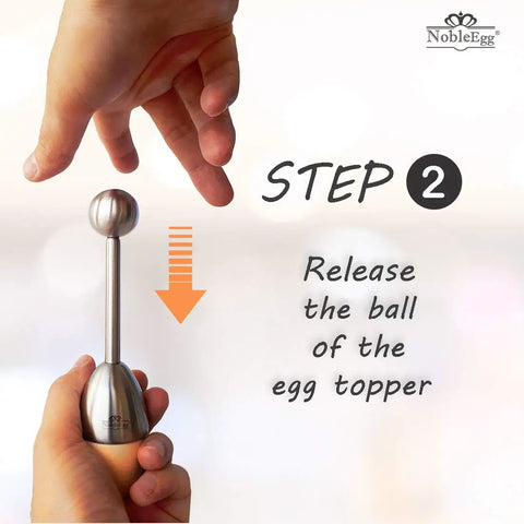 Step-by-step guide showing how to use Egg Topper Opener Tool With Vibration Cut For Soft Boiled Eggs, releasing the ball.