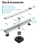 Diagram of 36-inch tile insert linear shower drain with components, brushed nickel finish, 304 stainless steel, rust-proof easy clean.