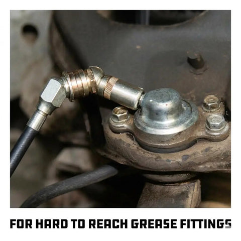 360 Degree Swivel Grease Gun Coupler With 45 Degree Angle For Easy Access To Most Grease Fittings, 6000 PSI Working Pressure, Ball Bearing Joints, O Ring Seals Keep Leaks In Check, Built Tough Grease Fitting Connector on hard-to-reach fitting