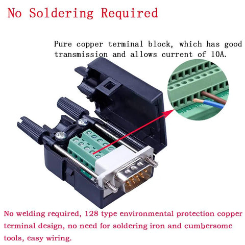 10 Pack DB9 Solderless RS232 Serial To 9 Pin Terminal Male Breakout Adapters Kit For Easy Wire Up Durable Copper Joints PP Housing No Welding Needed Ideal For DIY Electronics Projects And Robotics Tinkering, open DB9 connector with terminal block