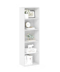5-Tier Open Shelf Bookcase With No-Fuss Assembly, Modern White Finish, displaying books and decor items, closed back design