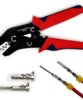 Ratcheting Wire Crimping Tool With Open Barrel Terminal Connectors For 20 To 14 AWG Pro Grade Crimping Pliers Electrical Crimp Tool With Ratchet Mechanism For Precise Crimps Every Time, showing red-handled tool and connectors.