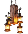 Industrial Vintage Wooden Hanging Pendant Light With Four Lantern Bulbs, Dope Rustic Loft Chandelier for home decor.