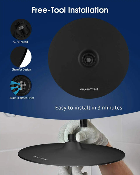9 Inch Rain Shower Head With 200 Nozzles For Gentle Spa Level Water Flow And High Pressure Performance Large Surface Coverage Tool Free Installation Matte Black Finish EM 001.