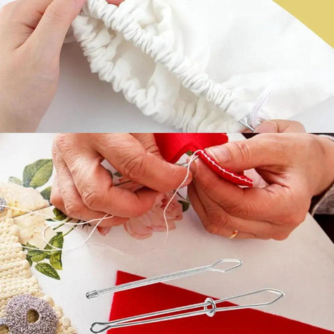 Close-up of Upgraded DIY Rope Threader Clip Set with stainless steel hooks and latch, threading fabric channels.