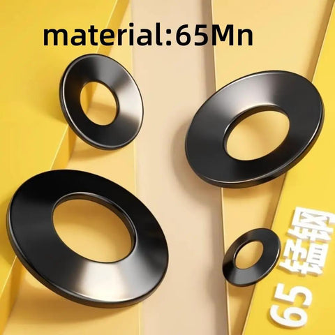Beefy Conical Disc Spring Washers Set High Strength 65Mn Cup Washers For Heavy Duty Fastening, Conical Style Gaskets, Durable Metal Shims Pack In 5 And 10 Sizes, Easy Install And Non Slip Fit For Auto And Machinery. 65Mn conical disc washers on yellow background