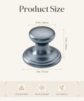 Two Pack Grey Aluminum Drawer Knobs With Peel And Stick Adhesive, No Drilling Needed, size labeled in inches and millimeters.