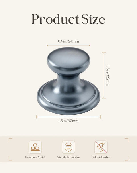 Two Pack Grey Aluminum Drawer Knobs With Peel And Stick Adhesive, No Drilling Needed, size labeled in inches and millimeters.