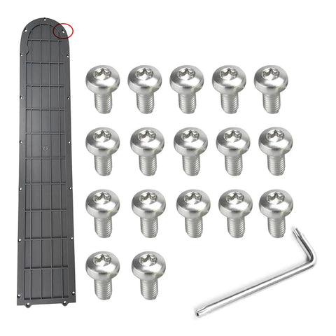Replacement Bottom Battery Cover Screw Set For M365 Electric Scooter shown with deck screws, metal plate, and tool