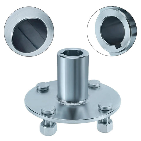 Universal Two Pack Axle Hubs For Go Kart Quad ATV Trike 4x4 With Eight Inch Front And Rear Wheels High Strength 45 Steel Quarter Inch Keyway Slot Preinstalled Eight Lug Set Easy Replacement No Grinding, showing detailed view of steel construction and preinstalled lugs.