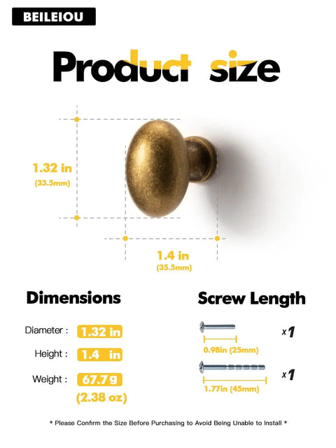 Oval Antique Brass Cabinet Knobs Zinc Alloy For Drawers Dresser Cupboard Wardrobe Vintage Hardware With Rust Resistant Electroplating Easy Install product dimensions and screw length chart.