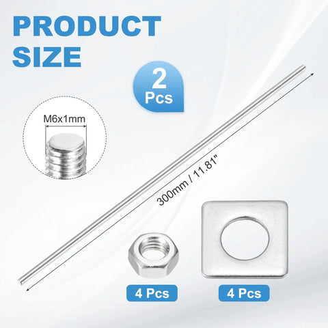 Two Pack M6x300mm fully threaded rods in 201 stainless steel with 4 nuts and 4 square washers for structural anchoring