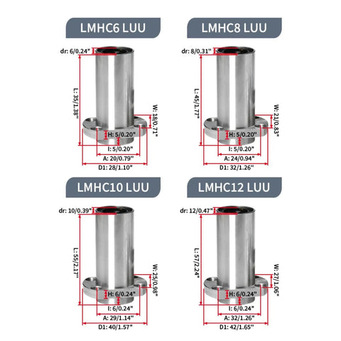 Embedded Oval Flange LMHP Linear Bearings For Rails 6 To 30 LUU Pro Grade Precision Guide Bearings, LMHC6-12 sizes with dimensions