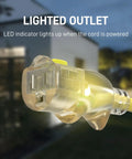 Close-up of 25 Foot Heavy Duty Outdoor Extension Cord With Waterproof Weatherproof Build LED Lighted Outlet And Locking Receptacle