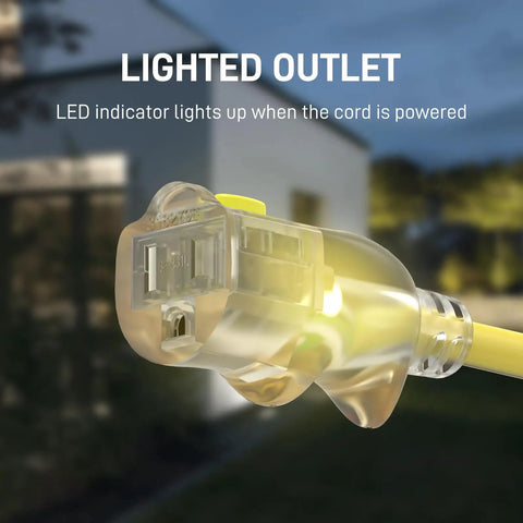 Close-up of 25 Foot Heavy Duty Outdoor Extension Cord With Waterproof Weatherproof Build LED Lighted Outlet And Locking Receptacle