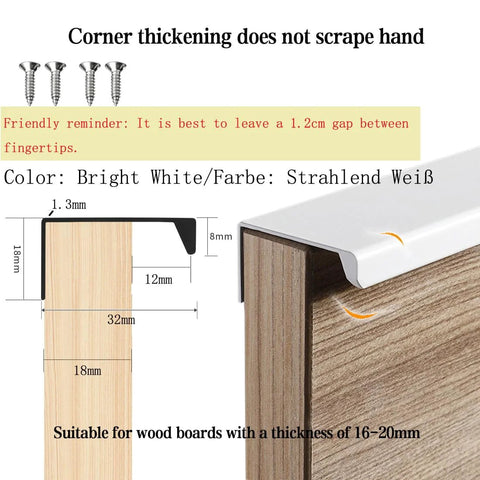 Diagram showing installation of Six Pack Finger Edge Drawer Pull Handles In Bright White For Cabinets, 16 to 20 mm wood thickness.