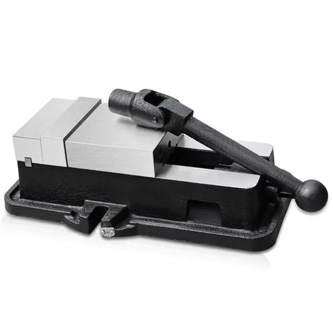 Heavy Duty Angle Fixed Machine Vise Built Badass For Serious Milling Jobs And Daily Shop Work With Grippy Flat Jaw Pads And Rock Solid Clamp Force That Never Lets Go Shop Ready, 6 inch steel jaw vise with lever.