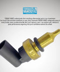 Coolant temperature sensor with brass body and black connector, close-up view