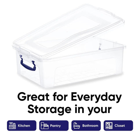Straight Up Clear Out Your Mess With These Crystal Clear Stackable Plastic Storage Bins And Secure Latching Lids BPA Free Home Office Dorm Closet Organizer Containers 22 Quart Capacity 12 Pack Bulk Shipped Ready, clear storage bin with lid open.