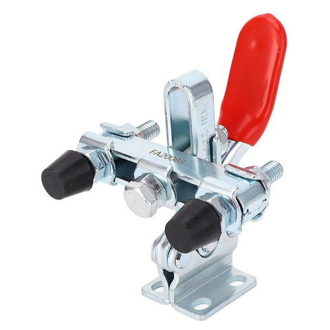 Heavy Duty Quick Release Toggle Clamp For Woodworking Jigs And Fixtures, horizontal clamp with red handle and adjustable pressure indicator.