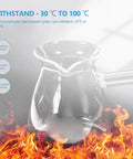 Transparent glass coffee pot with side handle, withstands -30°C to 100°C, shown against a flame background.