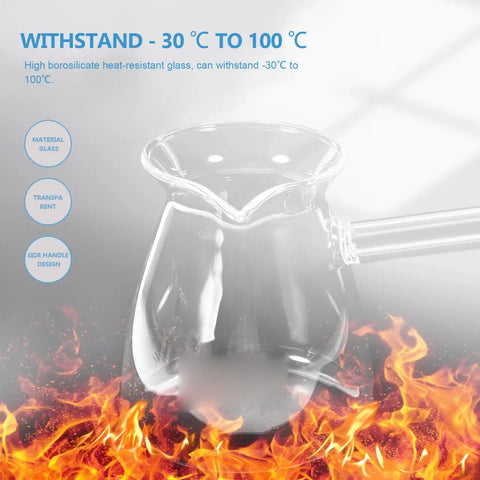 Transparent glass coffee pot with side handle, withstands -30°C to 100°C, shown against a flame background.