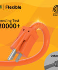 Close-up of 100 Ft 12/3 Outdoor Extension Cord Waterproof Heavy Duty 12 Gauge SJTW 15A 1875W ETL Listed Orange