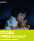 Child sleeping peacefully with teddy bear on blue bedding, showcasing low-noise mute technology for uninterrupted rest.