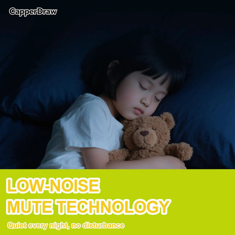Child sleeping peacefully with teddy bear on blue bedding, showcasing low-noise mute technology for uninterrupted rest.