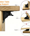 4 Pack Heavy Duty Folding Brackets Rock Solid Self Locking Extension Supports With Mounting Hardware For Table Bed And Workbench Legs Beefy Cold Rolled Steel Black mounted under a wooden table edge.