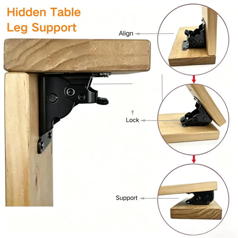 4 Pack Heavy Duty Folding Brackets Rock Solid Self Locking Extension Supports With Mounting Hardware For Table Bed And Workbench Legs Beefy Cold Rolled Steel Black mounted under a wooden table edge.
