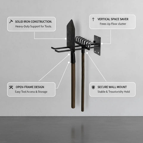 Vertical Wall Mounted Tool Rack For Garage And Workshop Space Saving Hand Tool Organizer With Easy Access Heavy Duty Iron Wall Mount Keeps Tools Off Floor And Within Reach, showing solid iron mount and tools stored vertically.