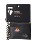 Rugged RFID Leather Bifold Chain Wallet For Men In Pebbled Black with Hook, Card Slots, and ID Window in Packaging.
