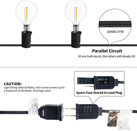 Diagram showing Led Outdoor String Lights 55ft G40 Patio Lights with 52 Shatterproof Bulbs, parallel circuit, and plug details.