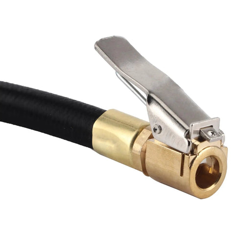 Heavy Duty Rubber Tire Inflator Hose Rated To 300 Psi with brass connector and lever for quick tire inflation.