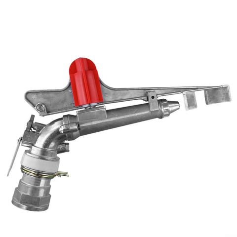 2 Inch Aluminum Agricultural Irrigation Sprinkler Head With 360 Degree Rotating Water Sprayer, red adjustment lever visible