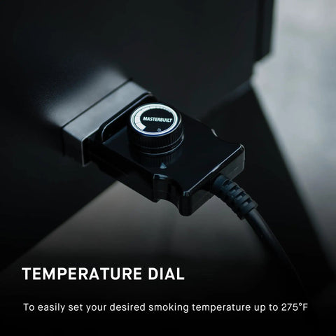 Electric Vertical BBQ Smoker With Analog Temperature Control 30 Inch Black Unit Featuring control dial close-up