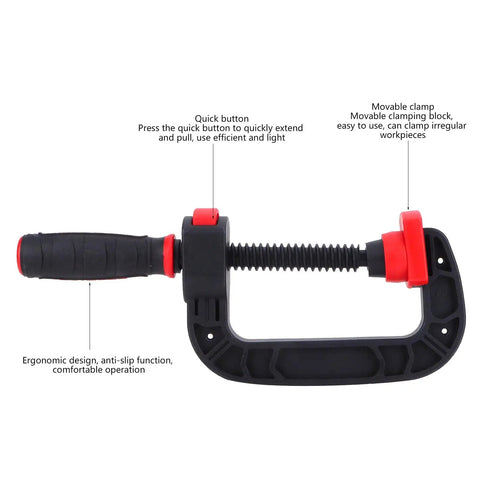 One Hand Quick Release G Clamp And C Clamp Heavy Duty Woodworking Holding Tool With Movable Jaw And Soft Grip For No Fuss DIY Carpentry Projects And Workshop Use 3 Inch Opening 75mm, black-red quick-release clamp with ergonomic handle