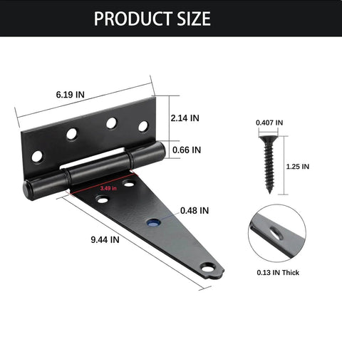 Dimensions of 10 Inch T Strap Heavy Duty Shed Door Hinges Black With Screws Durable Iron Gate Hinges for Outdoor Barns and Fences