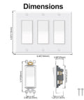 Decora Light Switch Single Pole Rocker Combo With 3 Gang Plate UL And CUL Certified For Safety Complete Installation Kit With Screws 6.38 Inch By 4.5 Inch Wall Plate Fits Standard Electrical Boxes Easy Install, dimensions shown