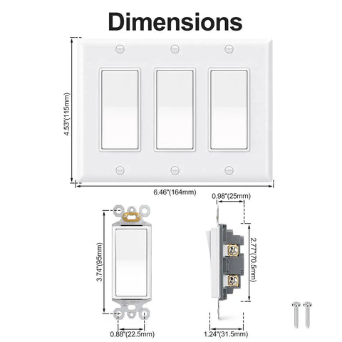 Decora Light Switch Single Pole Rocker Combo With 3 Gang Plate UL And CUL Certified For Safety Complete Installation Kit With Screws 6.38 Inch By 4.5 Inch Wall Plate Fits Standard Electrical Boxes Easy Install, dimensions shown