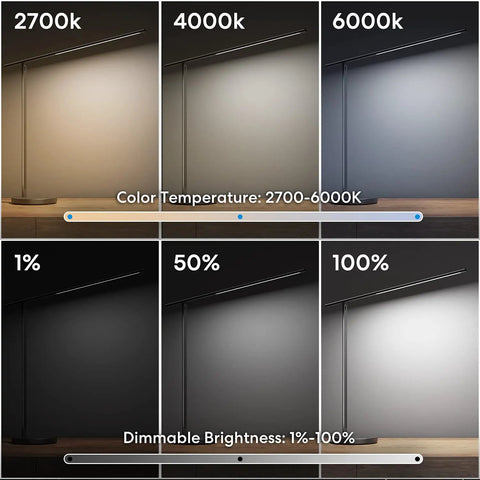 Sleek Metal Smart LED Desk Lamp with WiFi showing tunable white light 2700k to 6000k and dimmable brightness 1% to 100% settings