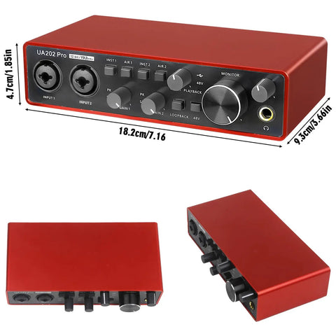 Red Two Channel USB Audio Interface For PC And Mac, 32Bit 192kHz Recording With 48V Phantom Power, XLR And Line Inputs, angled view