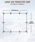 Diagram of Beefy 20 Mil Heavy Duty Waterproof Tarp 9.5 By 12 Ft Black Tarpaulin with loop placements, snow background.