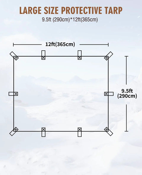 Diagram of Beefy 20 Mil Heavy Duty Waterproof Tarp 9.5 By 12 Ft Black Tarpaulin with loop placements, snow background.